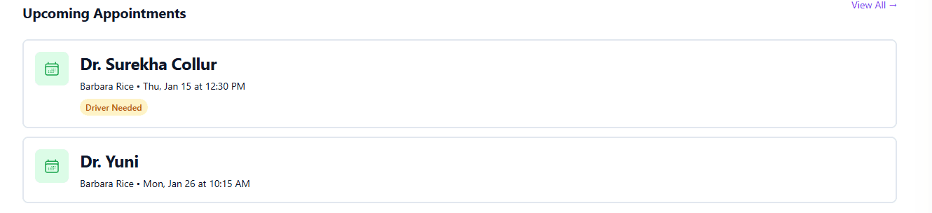 Upcoming Appointments showing Dr. Surekha Collur appointment for Barbara Rice on Thu, Jan 15 at 12:30 PM with Driver Needed badge, and Dr. Yuni appointment for Barbara Rice on Mon, Jan 26 at 10:15 AM