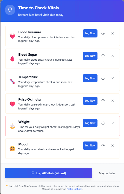 Smart vitals reminder popup showing 6 vitals due today with Log Now buttons